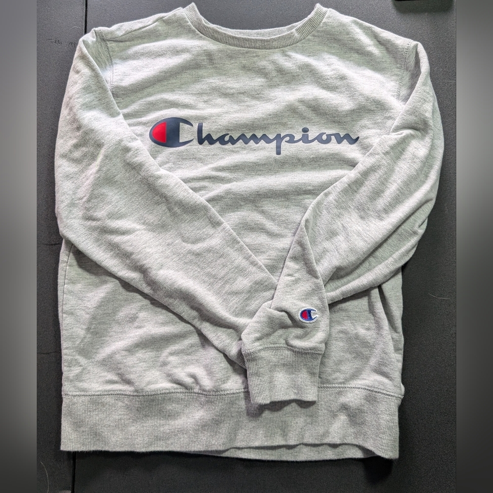 Youth Champion Crewneck Sweatshirt. Light Grey, Size Medium.